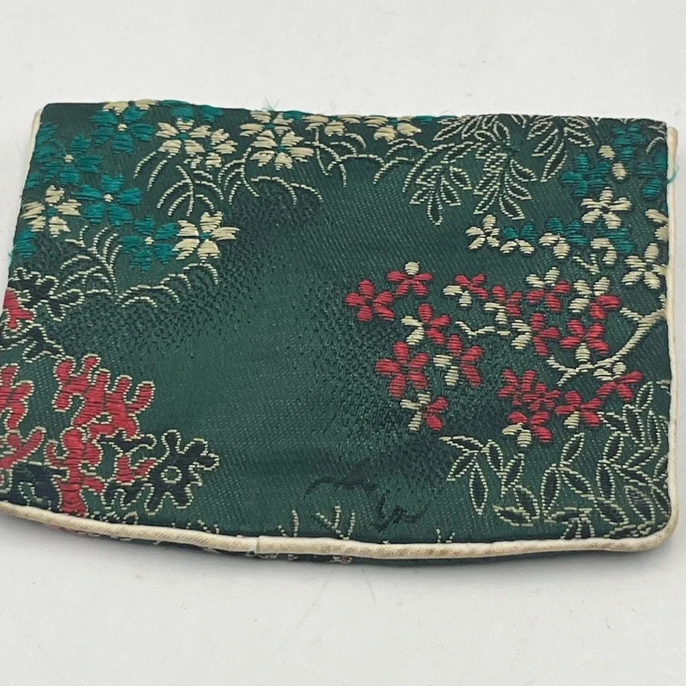 Vintage Green Silk Brocade Jewelry Pouch Asian Floral Landscape Frog Closure Bag
